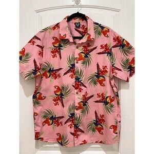 Neff Button Shirt Mens Sz XL Pink Floral Parrot Hawaiian Short Sleeve Beach